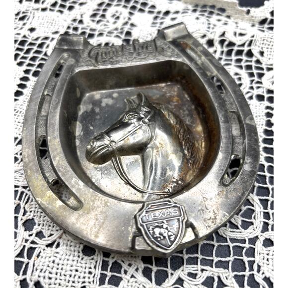 Metal Horseshoe Good Luck Texas Ashtray Catch-All Dish Vintage 1960s Decor - Picture 1 of 5